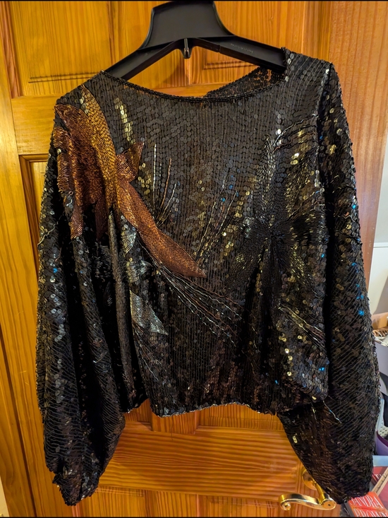 Tops - Black Sequin Long-Sleeve Party Top with Metallic Bow Accent